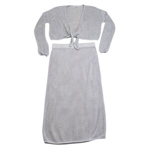 MOON & MADISON Open Knit Tie Front Cardigan & Skirt Set Sz Large Silver & Gray